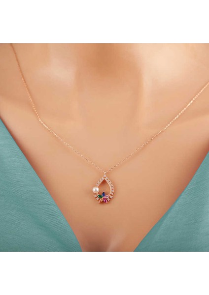925 Ayar Gümüş Rose Renkli Taşlı Çiçekli Kadın Kolye (BC-B18409) fırsatları