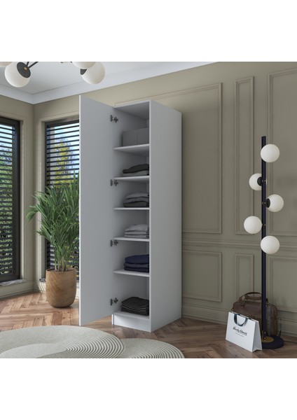 BA138 Gardırop Tek Kapaklı Çok Raflı Seyyar Raflı Elbise Dolabı Beyaz