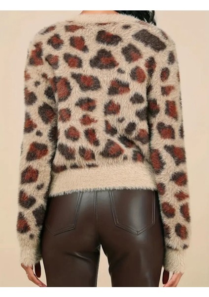 Kadın Leopar Desenli Düğmeli Yumuşak Hırka modelleri