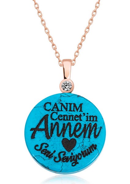 925 Ayar ​gümüş Turkuaz Taşlı Annem Yazılı Kadın Gümüş Kolye (BC-E5D8BD)