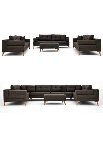 Zeri 3+3+3 Yataklı Puzzle Modüler U Köşe Koltuk Takımı & Puflu Köşe Takımı - Koyu Kahve 169