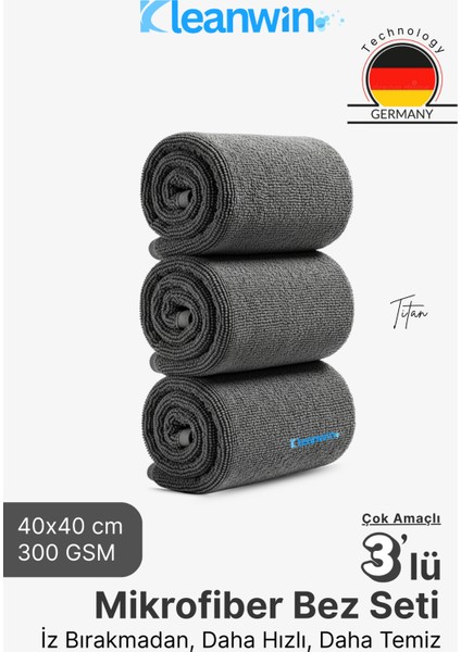 Titan Mikrofiber Bez 40X40CM 3 Adet Oto Kurulama Bezi ve Çok Amaçlı Temizlik Havlusu