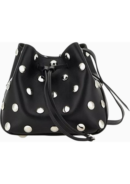 Mini Hocket Siyah Deri, Maxi Zımbalı Zarif ve Lüks Bucket Omuz Çantası