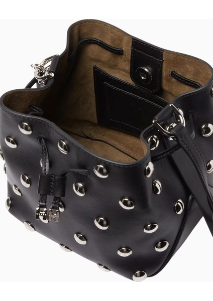 Mini Hocket Siyah Deri, Maxi Zımbalı Zarif ve Lüks Bucket Omuz Çantası fırsatları