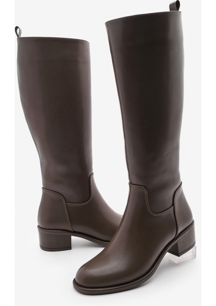 Kadın Yandan Fermuarlı Topuklu Çizme Levarin Kahve