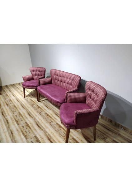 - Roma Çay Seti Koltuk Takımı - Dijital Baskı Kumaş - Kaz Ayağı Desen - Ahşap Ayaklı - Gül Kurusu fiyatları