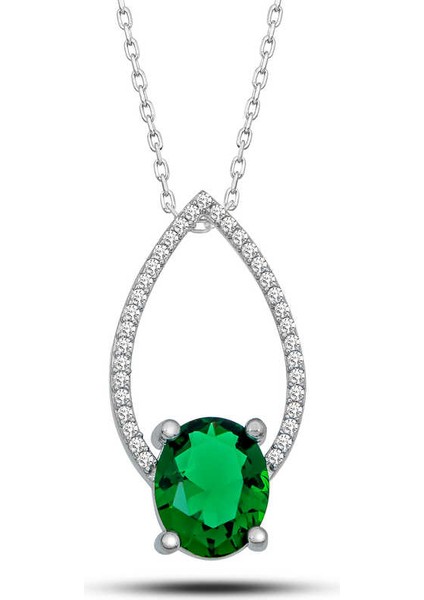 Gümüş Yeşil Oval Taşlı Damla Kadın Kolye (BC-406D43)
