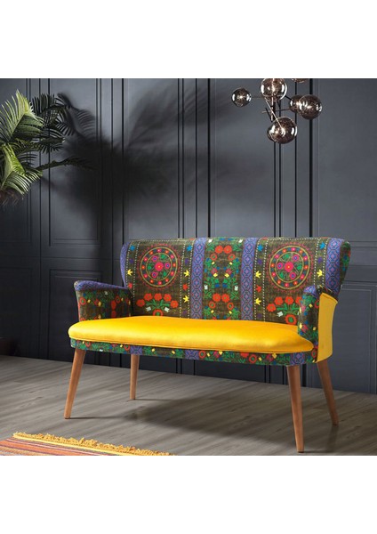 - Roma Çay Seti Koltuk Takımı - Etnik Desenli Kumaş - Ahşap Ayak - Sarı modelleri