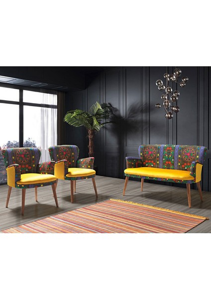 - Roma Çay Seti Koltuk Takımı - Etnik Desenli Kumaş - Ahşap Ayak - Sarı fırsatları