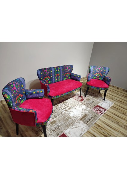- Roma Çay Seti Koltuk Takımı - Etnik Desenli Kumaş - Ahşap Ayak - Kırmızı fiyatları