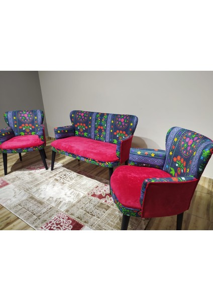 - Roma Çay Seti Koltuk Takımı - Etnik Desenli Kumaş - Ahşap Ayak - Kırmızı fırsatları
