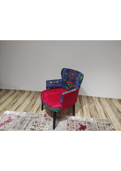 - Roma Çay Seti Koltuk Takımı - Etnik Desenli Kumaş - Ahşap Ayak - Kırmızı