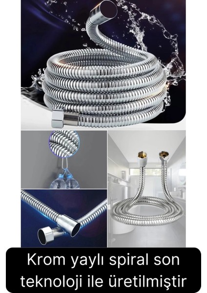 Premium Paslanmaz Krom Patlamaz Kopmaz Tüm Duş Sistemleriyle Uyumlu Uzayan Spiral Hortum Örgü 2 mt