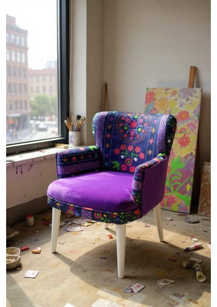 - Roma Çay Seti Koltuk Takımı - Etnik Desenli Kumaş - Ahşap Ayak - Ahşap Beyaz Ayak - Mor fiyatları