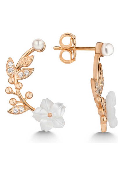 Gümüş Rose Sedef Çiçek Çivili Kadın Küpe (BC-040D63)