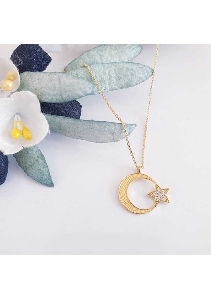 925 Ayar Gümüş Gold Ay Yıldız Kadın Kolye (BC-57817A)