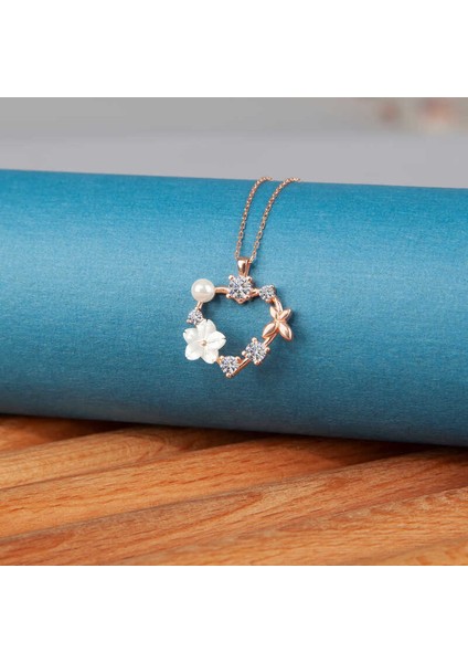 925 Ayar Gümüş Rose Kalp Manolya Çiçeği Kelebek Kadın Kolye (BC-10FE6E)