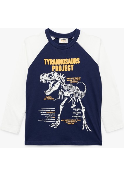 Uzun Kollu Bisiklet Yaka Dinozor Baskılı Pamuklu Tişört