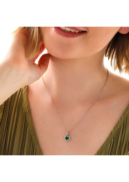 925 Ayar Gümüş Yeşil Taşlı Kalpli Kadın Kolye (BC-AC6D24) fiyatları