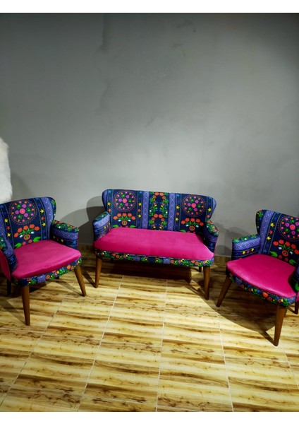 - Roma Çay Seti Koltuk Takımı - Etnik Desenli Kumaş - Ahşap Ayak - Fuşya indirimleri