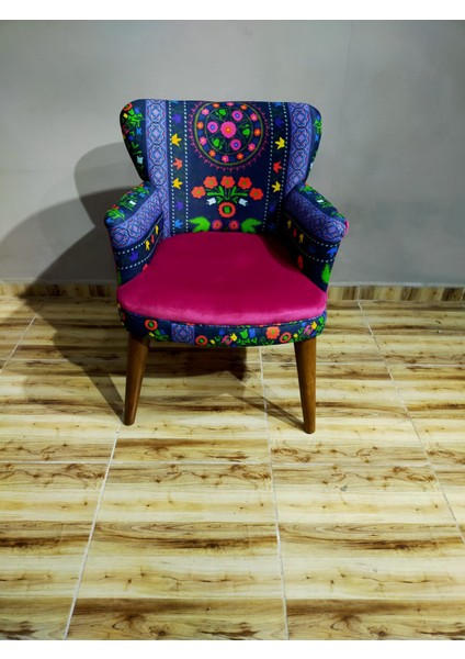 - Roma Çay Seti Koltuk Takımı - Etnik Desenli Kumaş - Ahşap Ayak - Fuşya