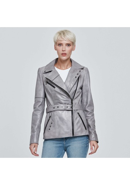 Gri Hakiki Deri Kadın Hakiki Deri Ceket - K22KDM320298-T1L