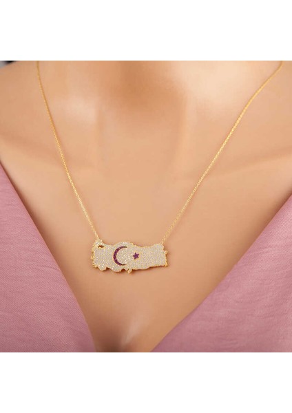 925 Ayar Gümüş Gold Ay Yıldız Türkiye Haritası Kadın Kolye (BC-F3AFEB)