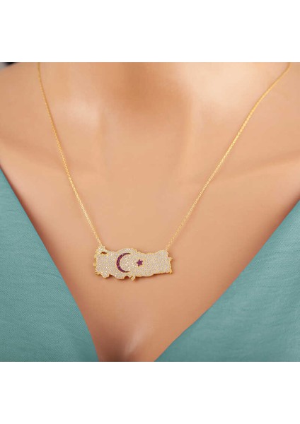 925 Ayar Gümüş Gold Ay Yıldız Türkiye Haritası Kadın Kolye (BC-F3AFEB) fiyatları