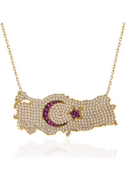 925 Ayar Gümüş Gold Ay Yıldız Türkiye Haritası Kadın Kolye (BC-F3AFEB) modelleri