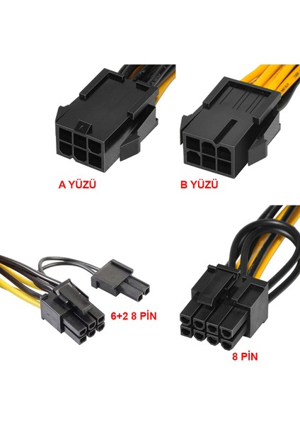 6 Pin Psu To 2x8 (6+2) Pin Ekran Kartı Güç Çevirici Kablo 30CM modelleri
