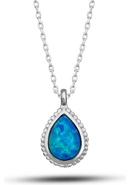 925 Ayar Gümüş Damla Mavi Opal Taşlı Kadın Kolye (BC-317903)