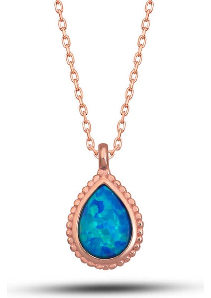 925 Ayar Gümüş Rose Damla Mavi Opal Taşlı Kadın Kolye (BC-10DD65)