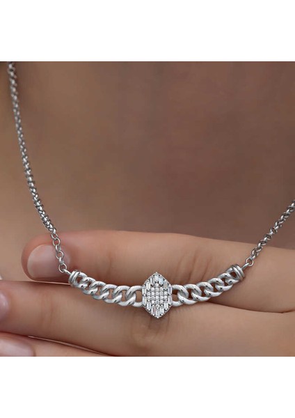 Gümüş Gurmet Zincirli Baget Taşlı Kadın Kolye (BC-361C8B)