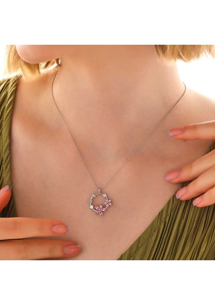 925 Ayar Gümüş Pembe Çiçek Kadın Kolye (BC-70C8F9) fiyatları