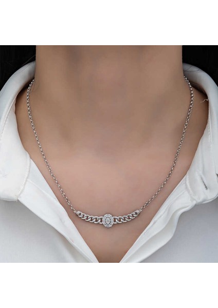 Gümüş Gurmet Zincirli Oval Baget Taşlı Kadın Kolye (BC-23AB50) modelleri