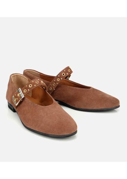 01AYH312450A410 KADIN Süet Deri Açık Kahverengi Mary Jane Kemerli Babet