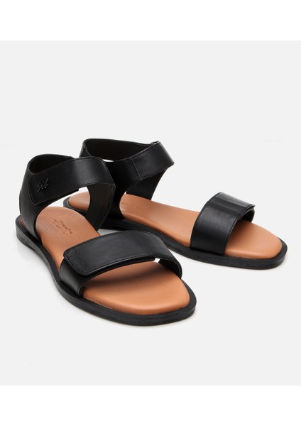 01SAH306950A100 KADIN Deri Siyah Ayarlanabilir Düz Sandalet