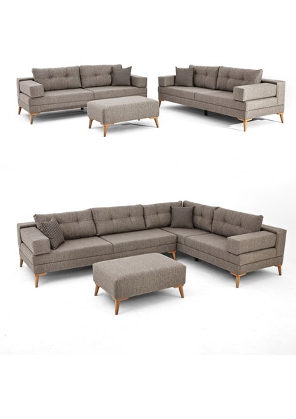 Zeri Modüler Yataklı Koltuk Takımı & 2 Adet Üçlü Kanepe & Puflu Köşe Takımı (3+3) - Sütlü Kahve - 160