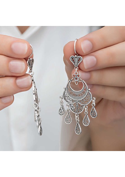 Gümüş Ayyıldız Telkari Sallantılı Kadın Küpe (BC-990B95)