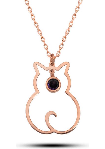 925 Ayar Gümüş Şubat Ayı Doğum Taşı Kedi Kadın Kolye (BC-42BC40)