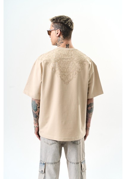 Erkek Goodly Nakışlı Oversize T-Shirt Bej