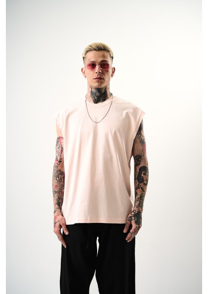 Erkek Basic Sıfır Kol Oversize T-Shirt Pembe