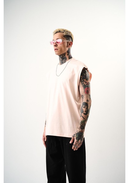 Erkek Basic Sıfır Kol Oversize T-Shirt Pembe fiyatları