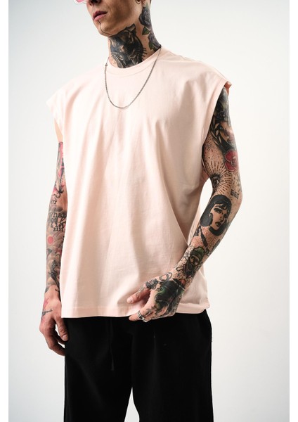 Erkek Basic Sıfır Kol Oversize T-Shirt Pembe fırsatları