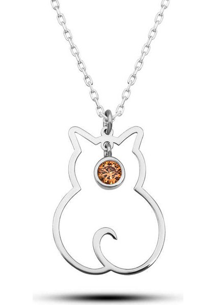 925 Ayar Gümüş Kasım Ayı Doğum Taşı Kedi Kadın Kolye (BC-DED26F)