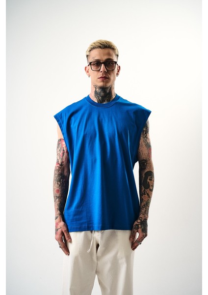 Erkek Basic Sıfır Kol Oversize T-Shirt Mavi