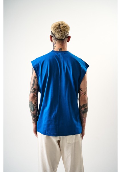 Erkek Basic Sıfır Kol Oversize T-Shirt Mavi modelleri