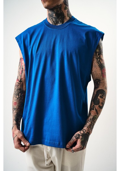 Erkek Basic Sıfır Kol Oversize T-Shirt Mavi fırsatları