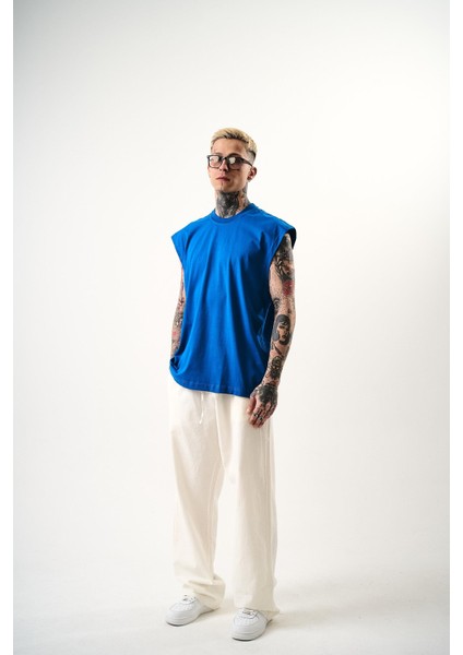 Erkek Basic Sıfır Kol Oversize T-Shirt Mavi indirimleri