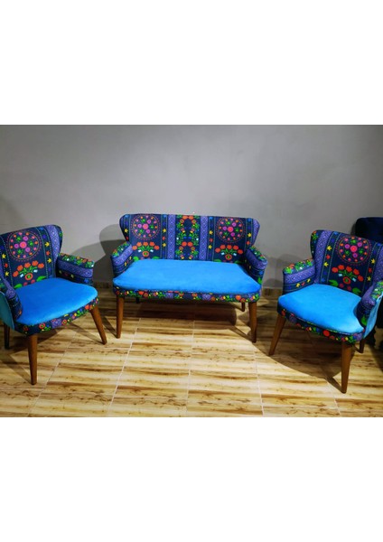 - Roma Çay Seti Koltuk Takımı - Etnik Desenli Kumaş - Ahşap Ayak - Mavi Turkuaz